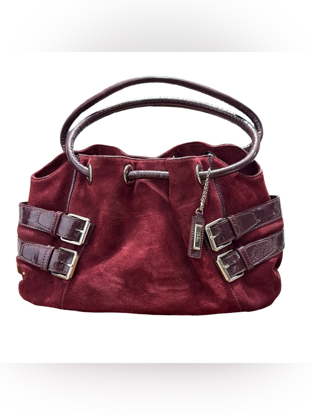 Cole Haan • Merlot Suede & Patent Leather Y2K Hobo Shoulder Bag - Picture 2 of 15